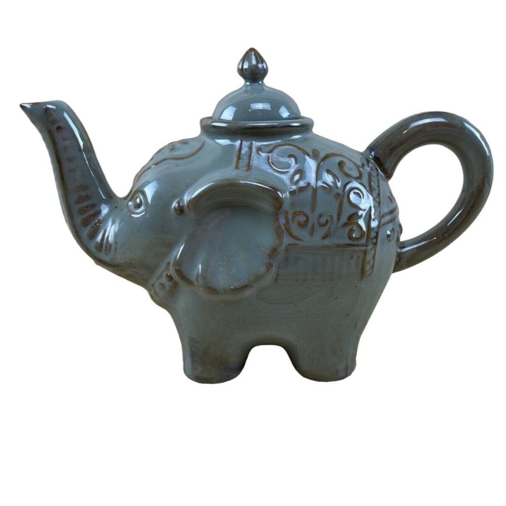 Pier 1 Imports Stoneware Elephant Tea Pot - Grey with Brown & Green Highlights